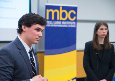 Walker McHugh (MSE ’17) and Caroline Landau (MBA ’16) compete in the 2016 Michigan Business Challenge. McHugh and Landau are presenting PreDxion, a precision medicine diagnostics company with a beachhead product called MicroKine™, a patent-pending near-bedside diagnostic device that measures proteins in the blood of critically ill patients and delivers this information in less than 30 minutes –- ten times faster than that of any existing technology on the market –- from a single drop of blood.